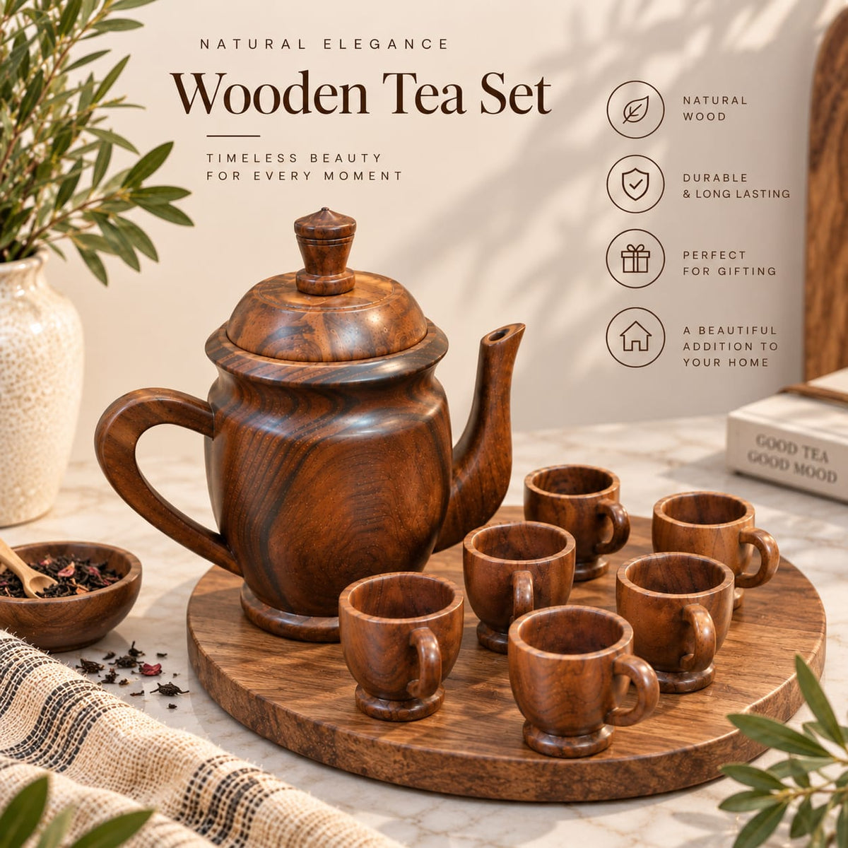 Handcrafted wooden jug and cups set for table serving