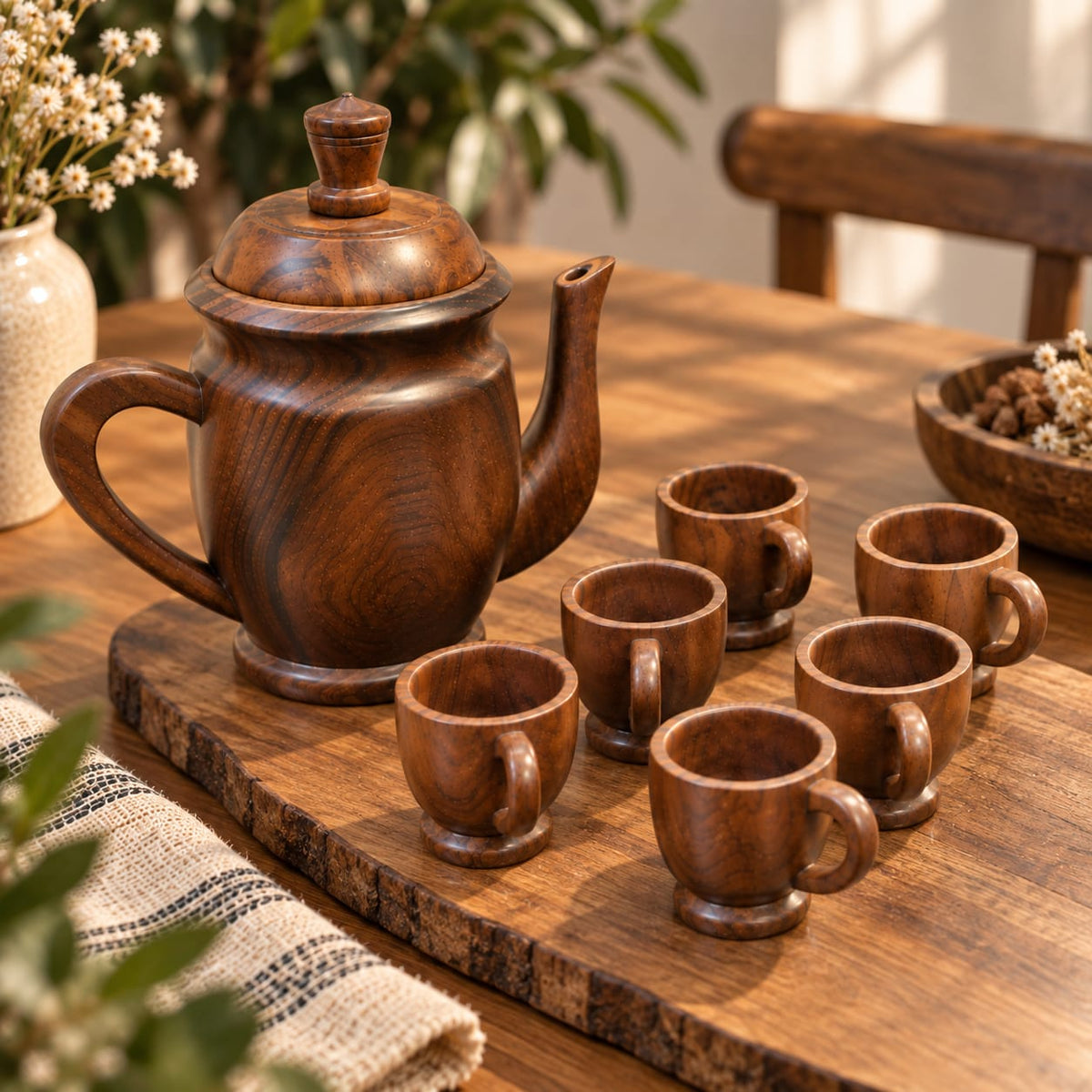Wooden pitcher with lid and matching handled drinking cups