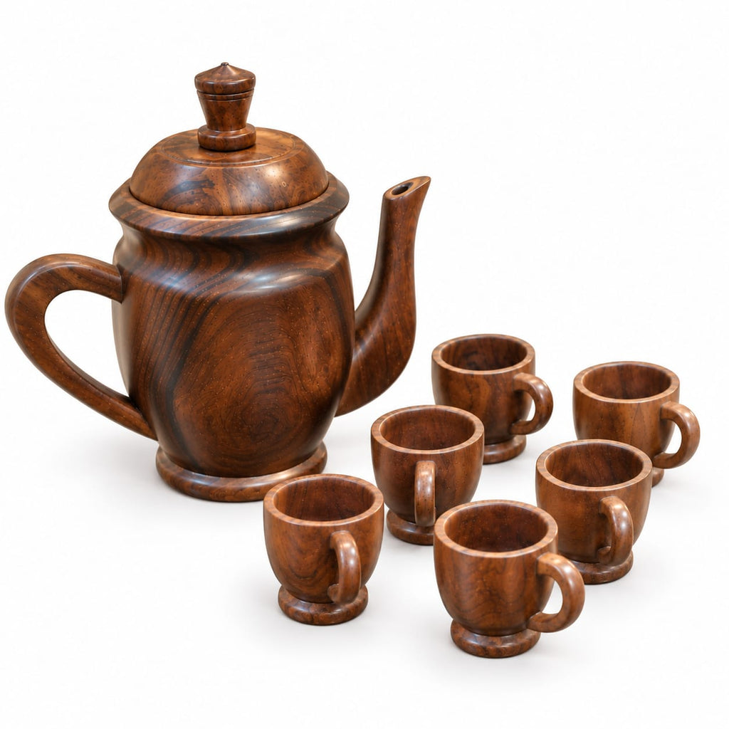 Solid wood pitcher and cups showing natural wood grain