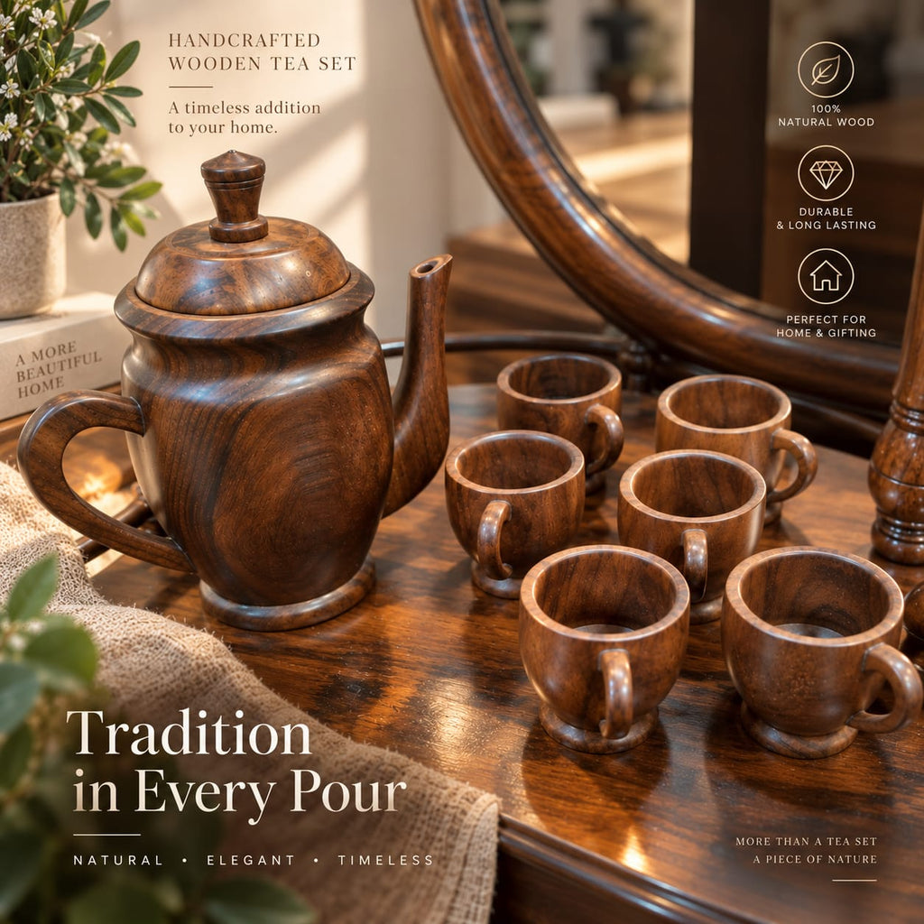 7-piece handcrafted wooden drinkware set with pitcher and cups