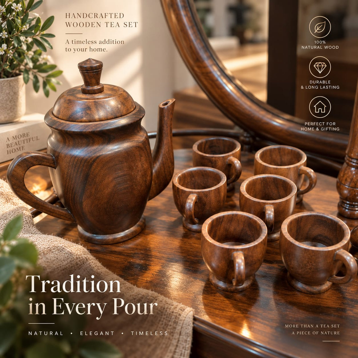 7-piece handcrafted wooden drinkware set with pitcher and cups