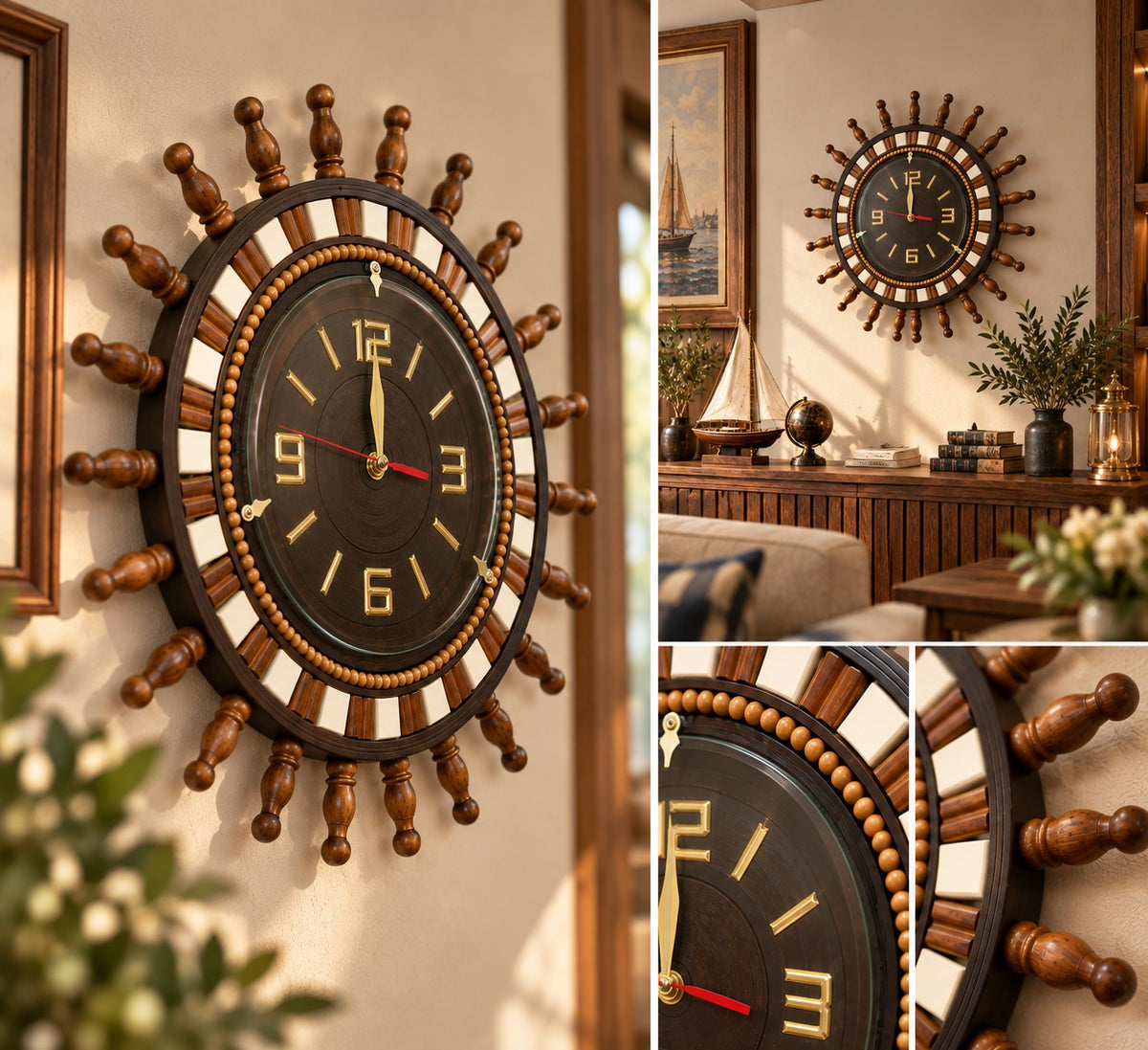 Nautical wooden wall clock with radiating spindle frame