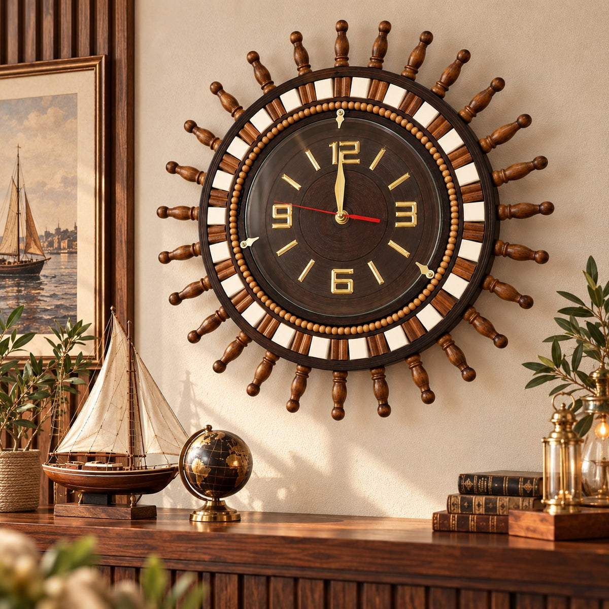 Handcrafted wooden nautical wall clock with glass-covered dial