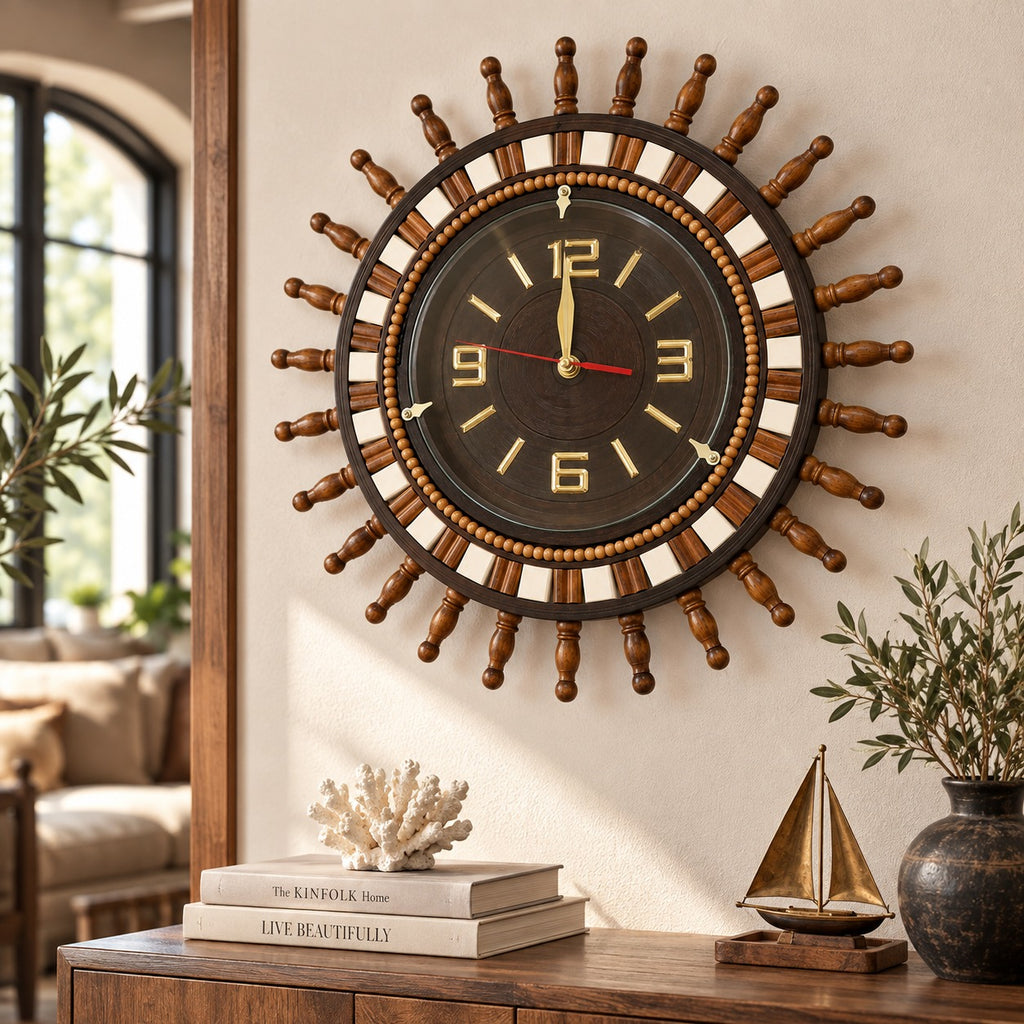 Decorative wooden ship wheel clock showing natural wood grain