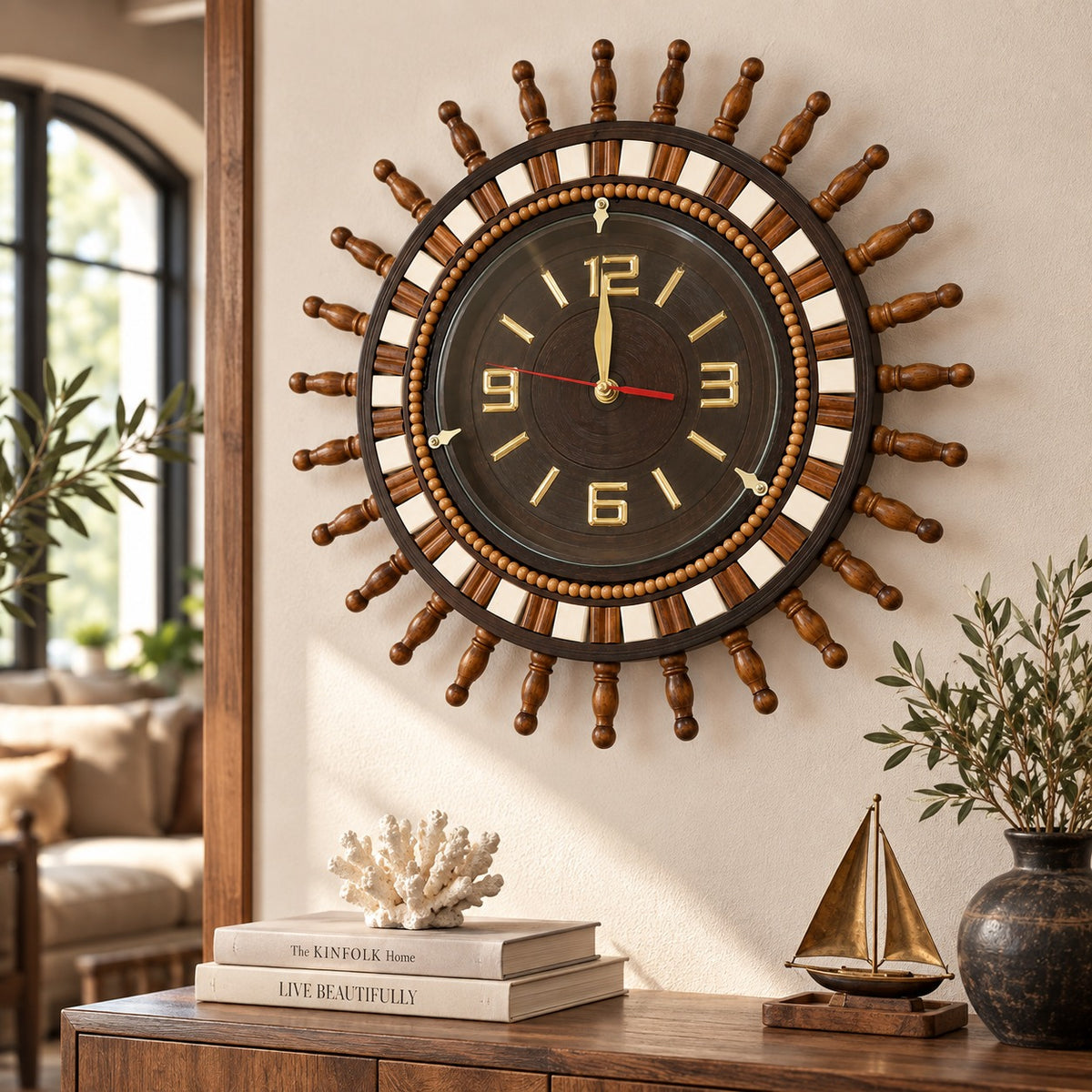 Decorative wooden ship wheel clock showing natural wood grain