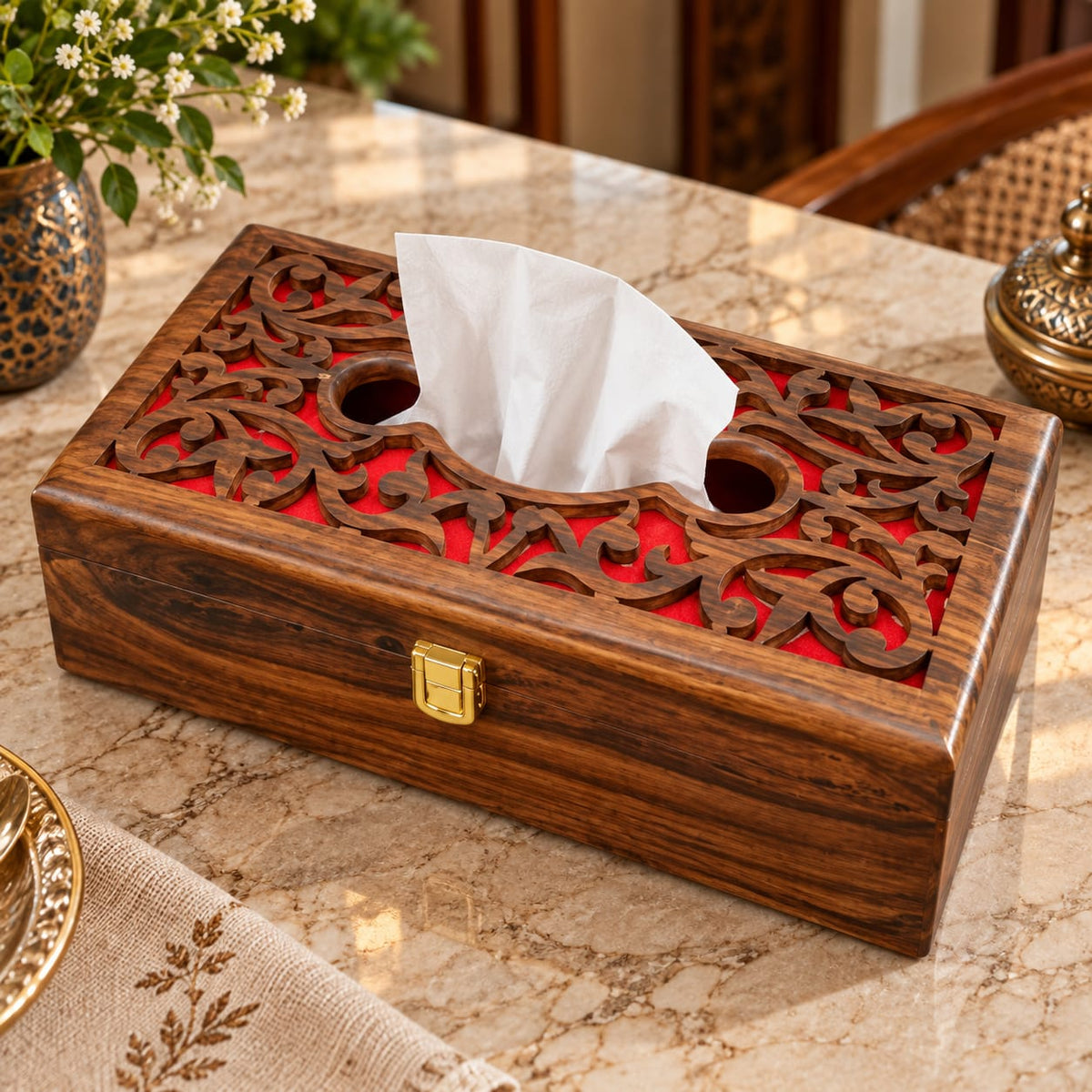 Wooden tissue box cover with velvet-lined interior