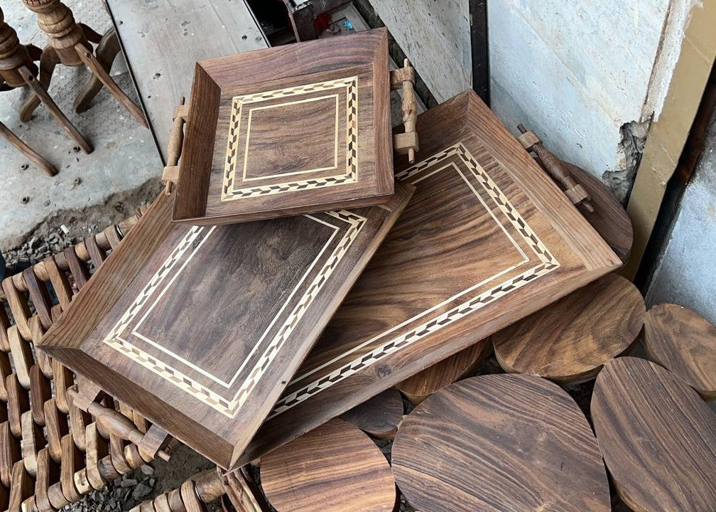 Three-piece wooden tray set for entertaining and serving