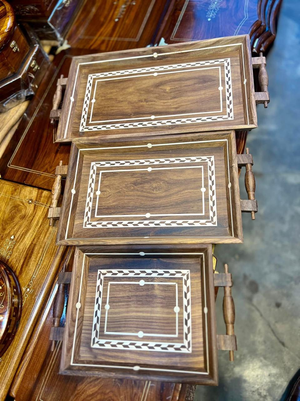 Natural wood serving trays with built-in carrying handles