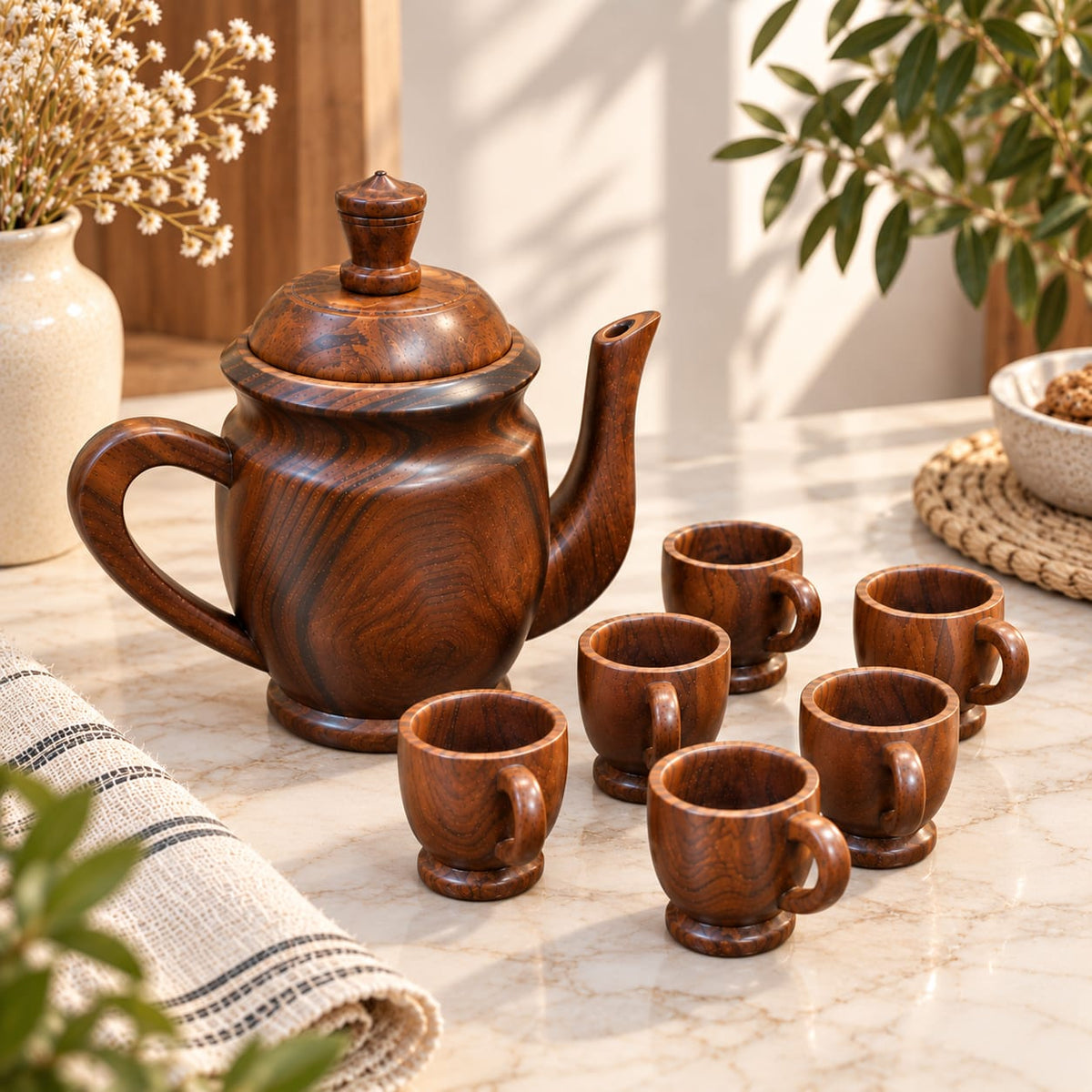 Handcrafted wooden pitcher set with 6 matching cups