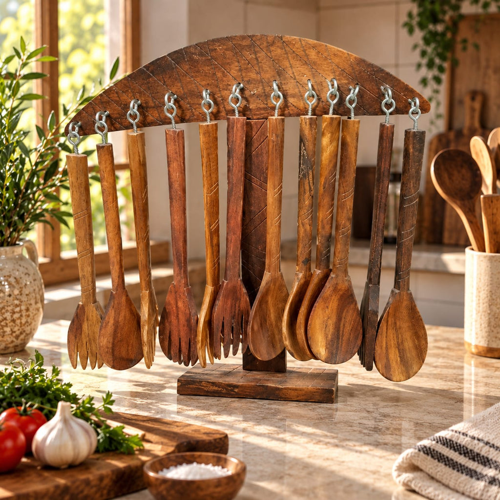 12-piece wooden spoon and fork set for dining table