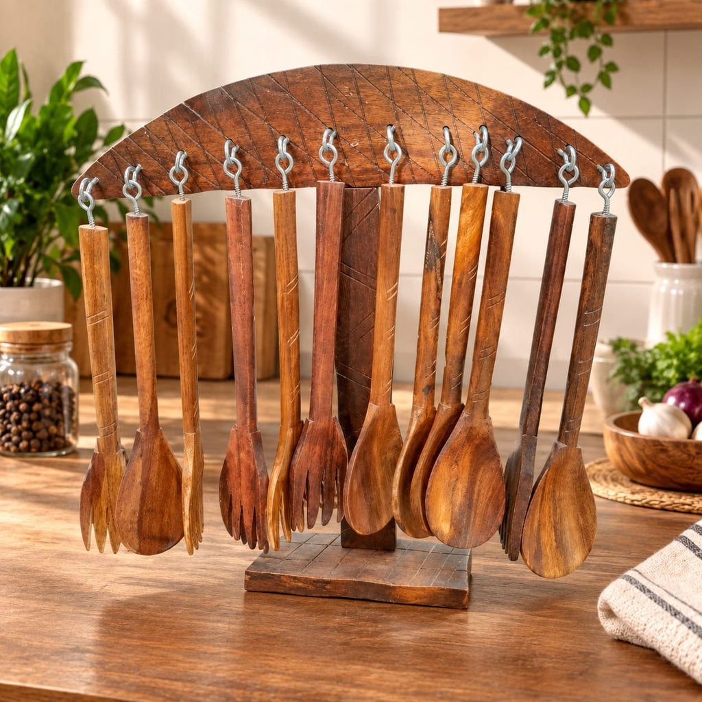 Wooden spoon and fork dining set arranged for serving
