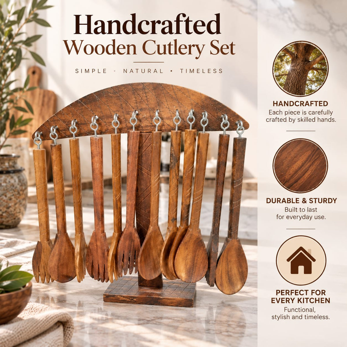 Six wooden spoons and six wooden forks complete set
