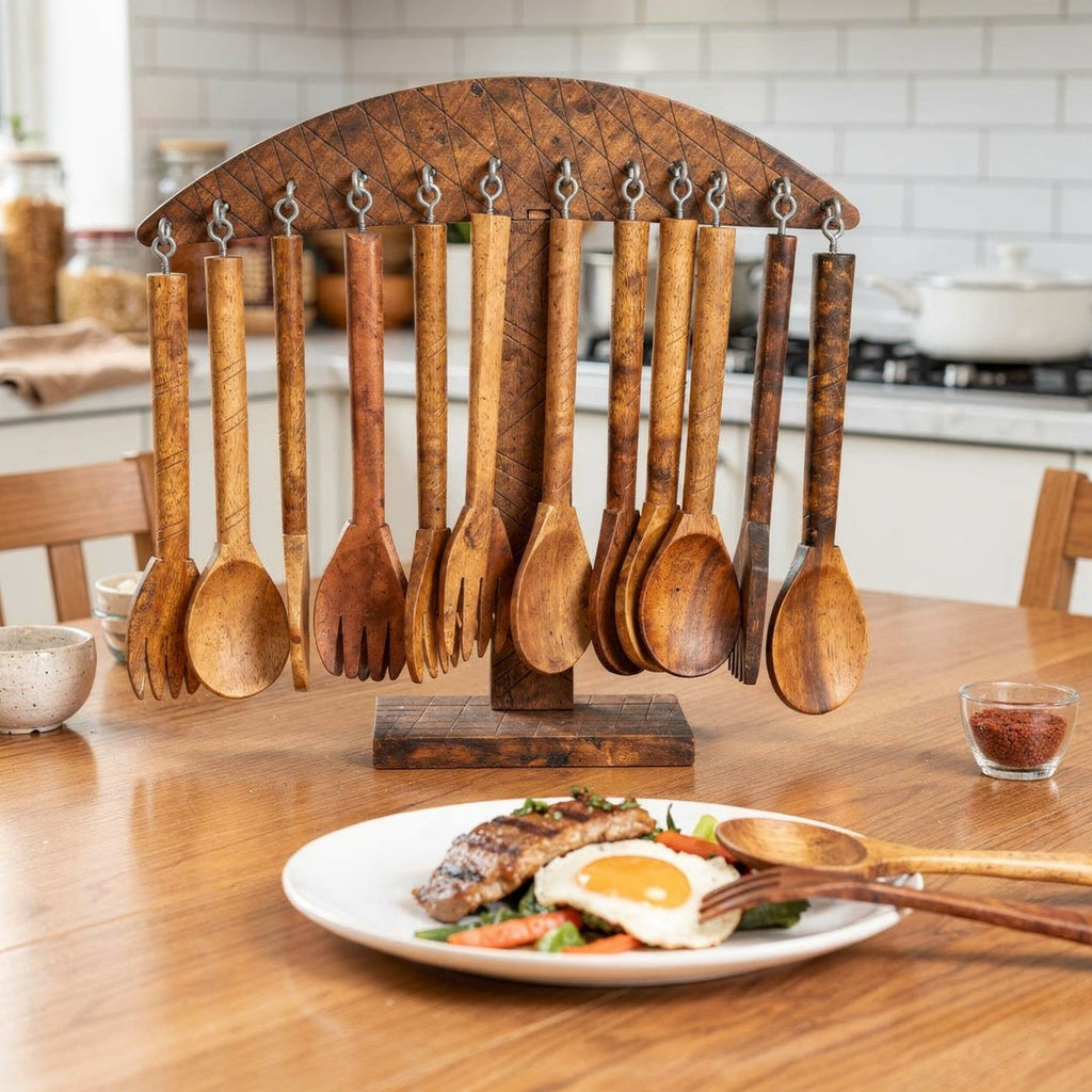 Handcrafted wooden cutlery set with 6 spoons and 6 forks