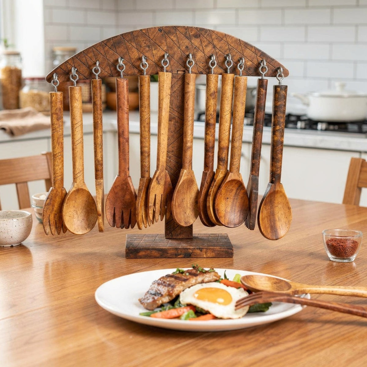 Handcrafted wooden cutlery set with 6 spoons and 6 forks