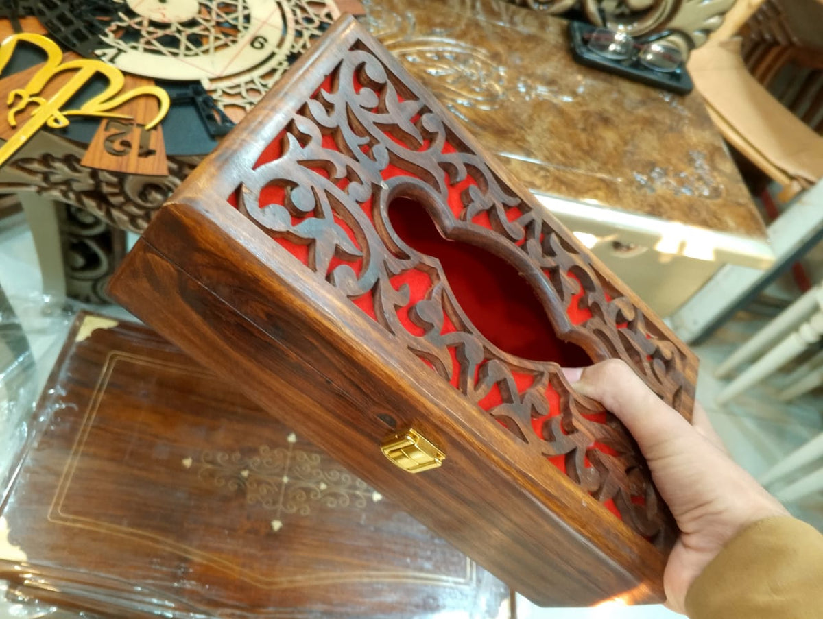 Solid wood rectangular tissue box cover with hinged lid