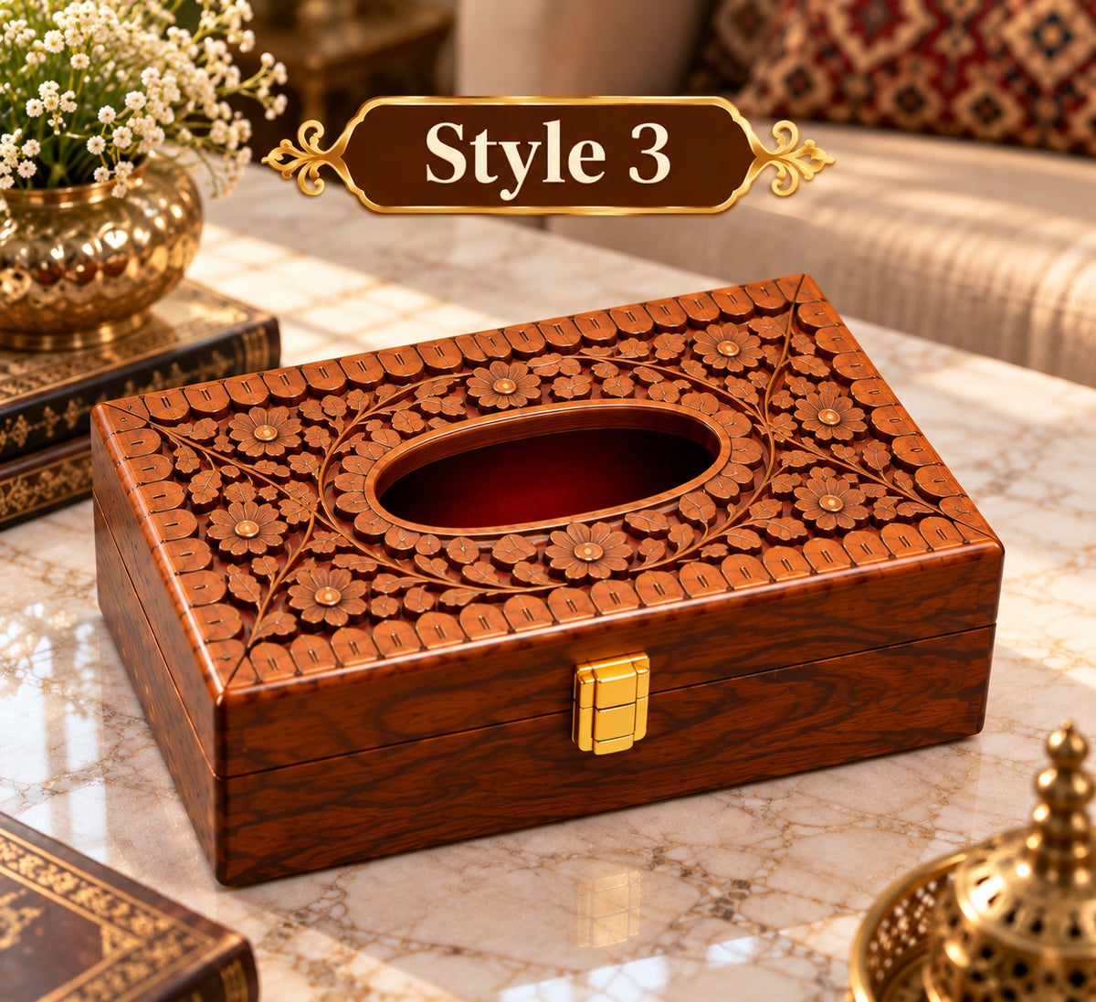 Decorative wooden tissue box cover with metal latch
