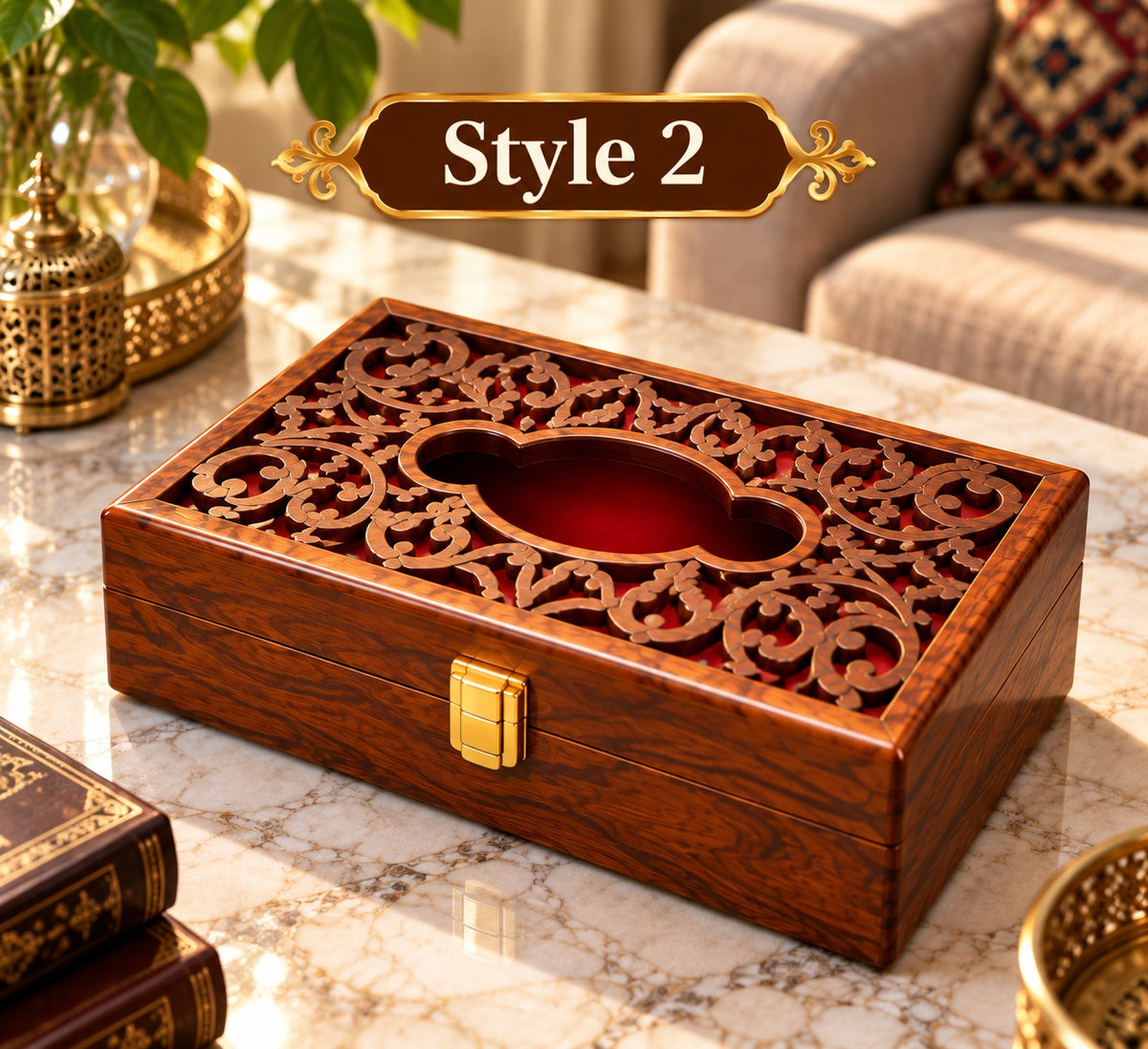 Solid wood tissue box holder with carved floral detail