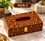 Hand-carved wooden tissue box cover with decorative lid