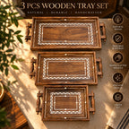 Three wooden serving trays with handles for tea and snacks