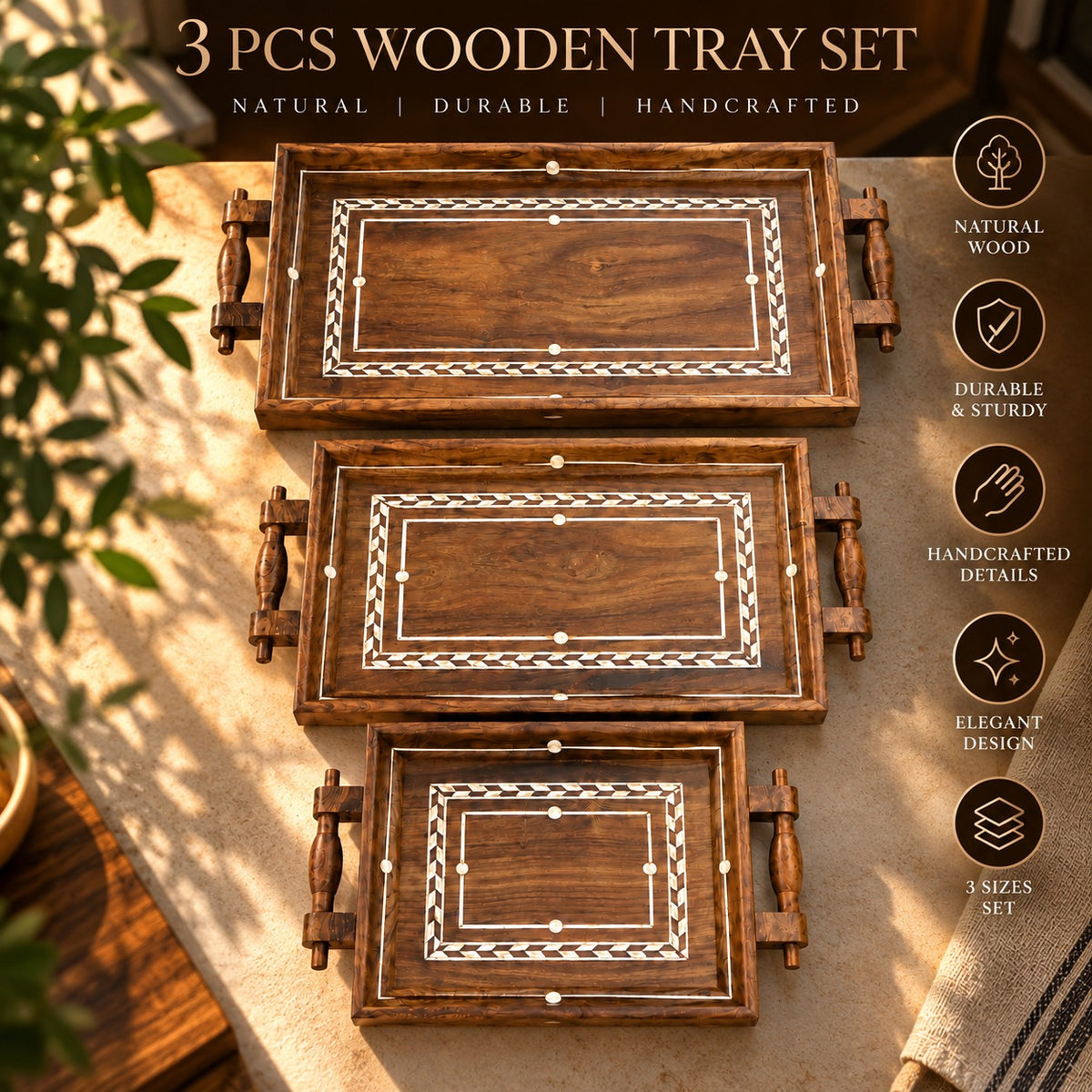 Three wooden serving trays with handles for tea and snacks