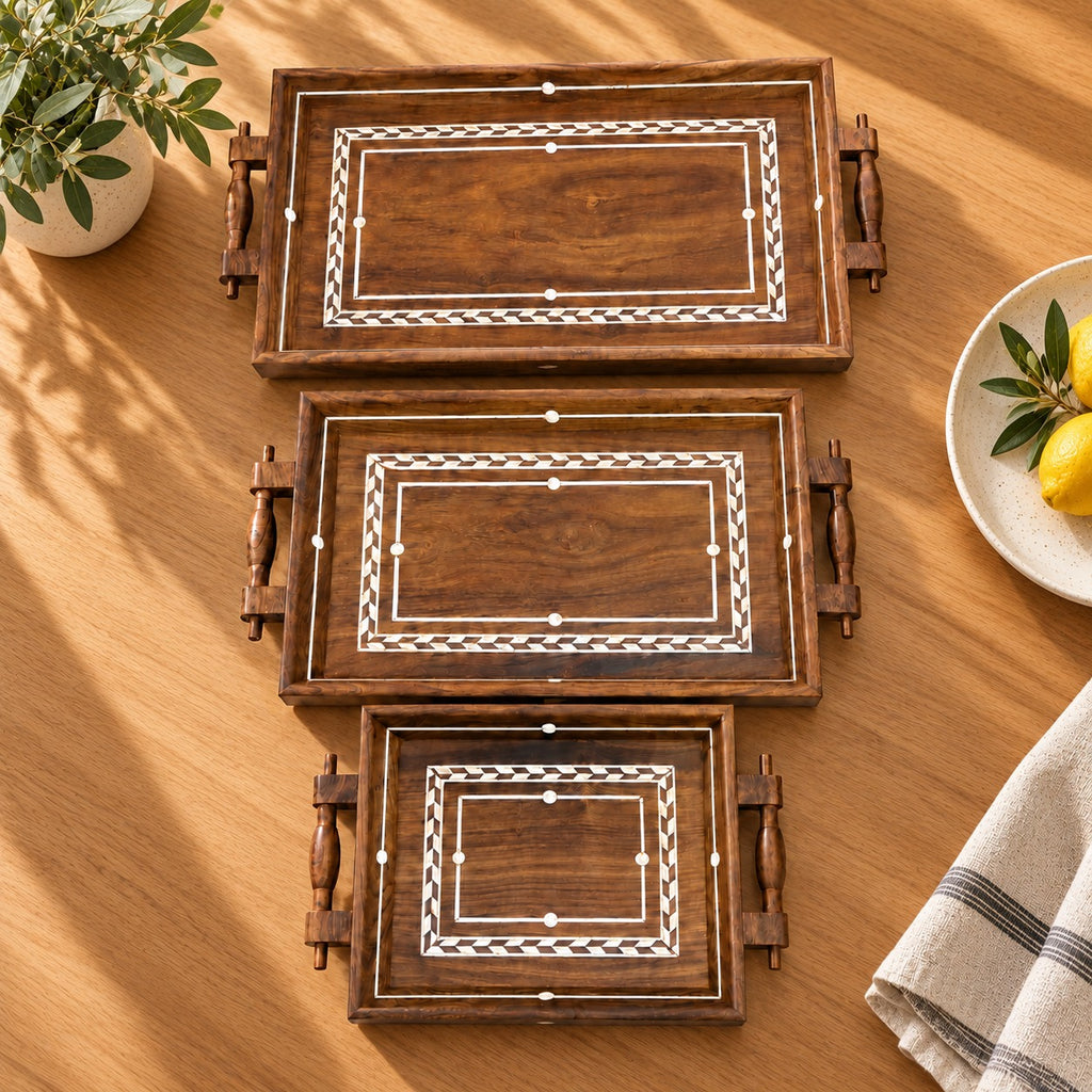 Handcrafted wooden serving tray set with handles – set of 3