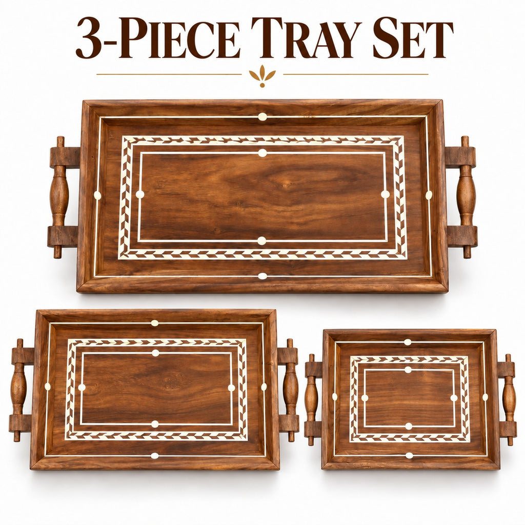Wooden breakfast and tea serving tray set with handles