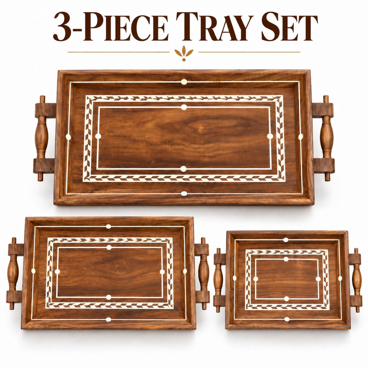 Wooden breakfast and tea serving tray set with handles