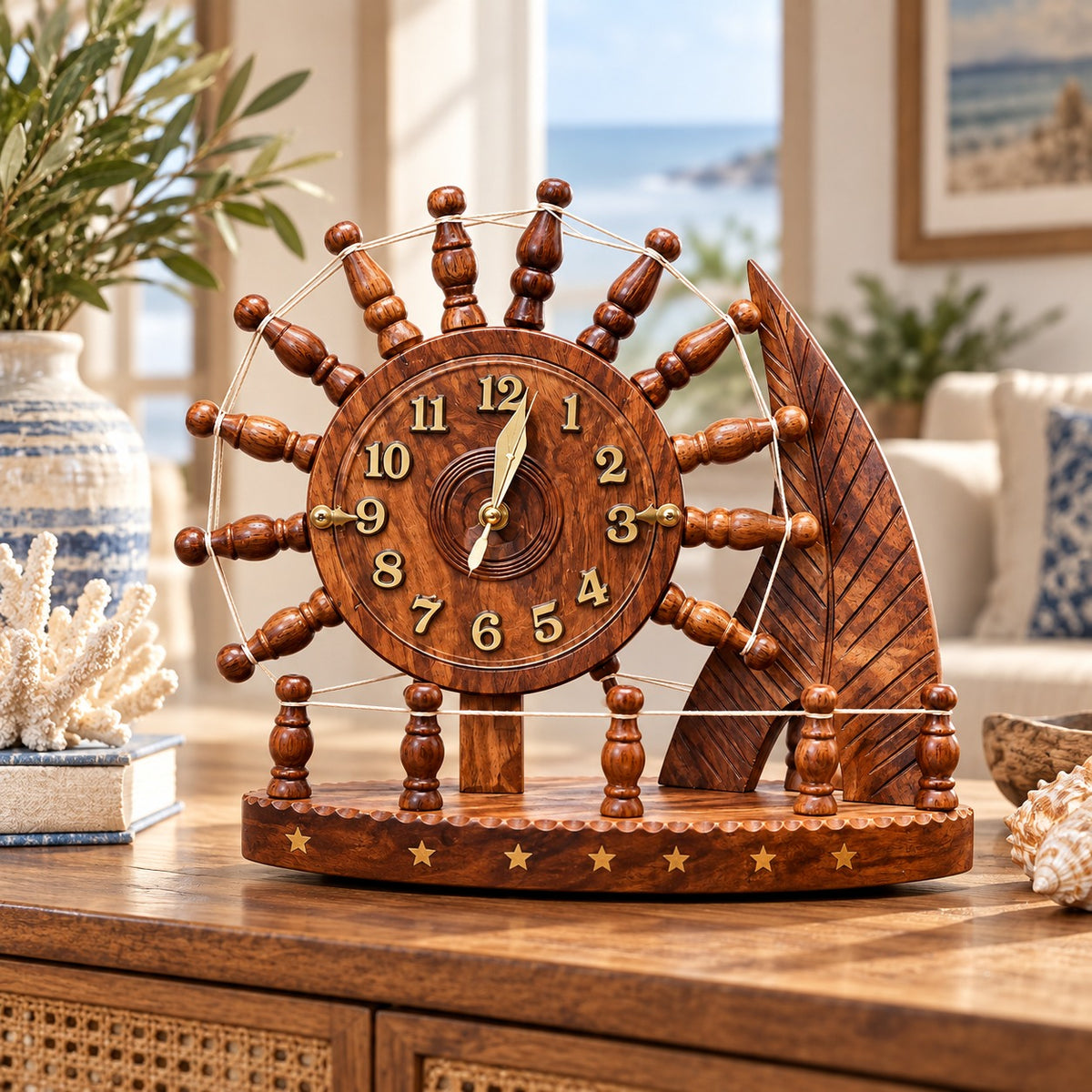 Wooden sailing ship model on decorative display base