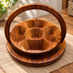 Hand-carved wooden foldable serving tray with handle open on table