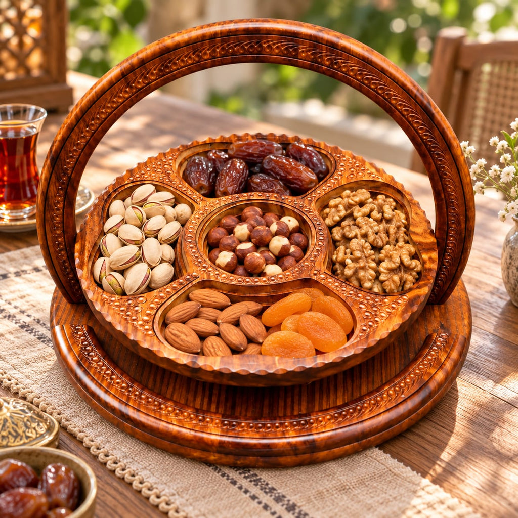 4-compartment wooden serving tray with handle for nuts and snacks