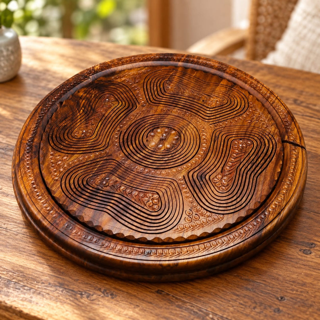 Foldable wooden serving tray closed flat showing carved pattern