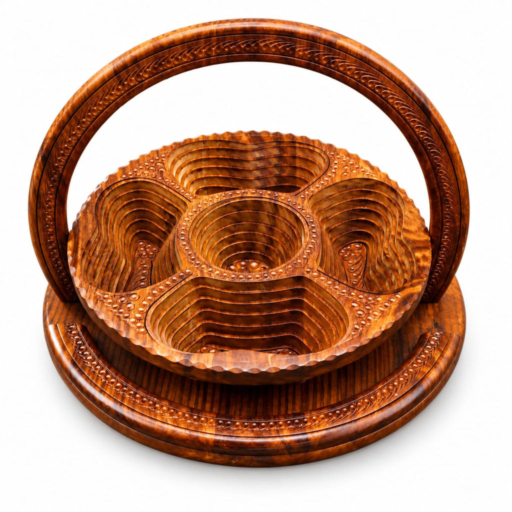 Hand-carved wooden dry fruit basket with curved carrying handle