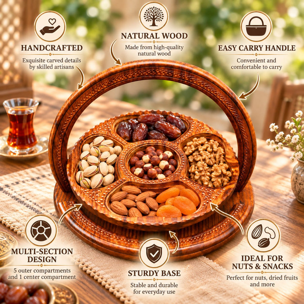 Foldable wooden snack tray showing carved serving design