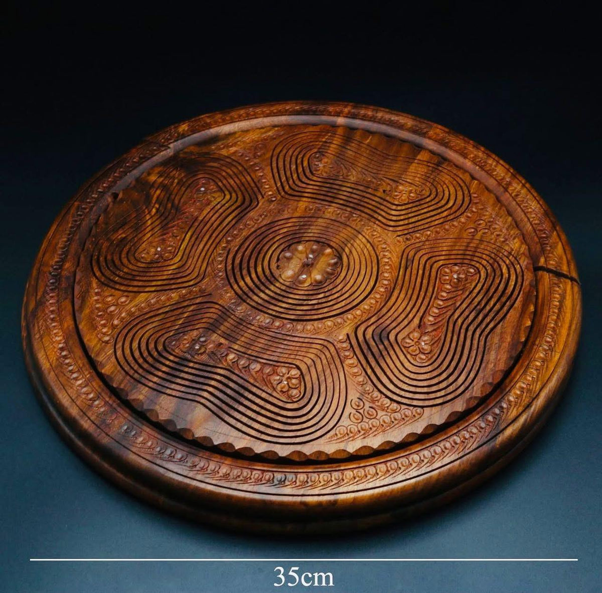 35 cm hand-carved wooden foldable serving tray shown flat