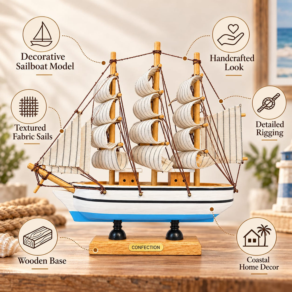 Decorative wooden ship with handcrafted maritime details