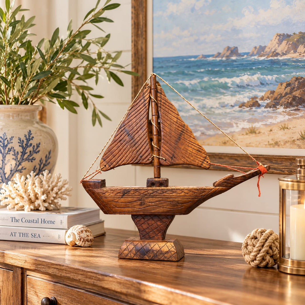 Nautical wooden sailboat model for home decor