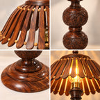 Handcrafted wooden table lamp with carved base and slatted wood shade