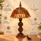 Wooden table lamp with decorative slatted shade and natural grain