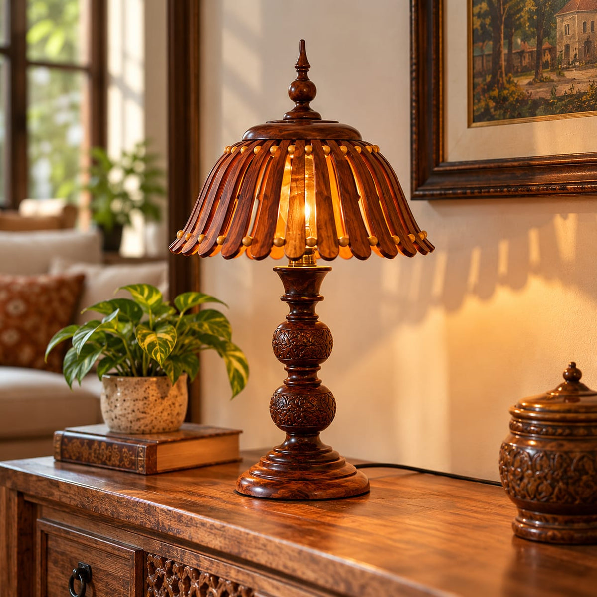 Decorative wooden bedside lamp for warm bedroom lighting