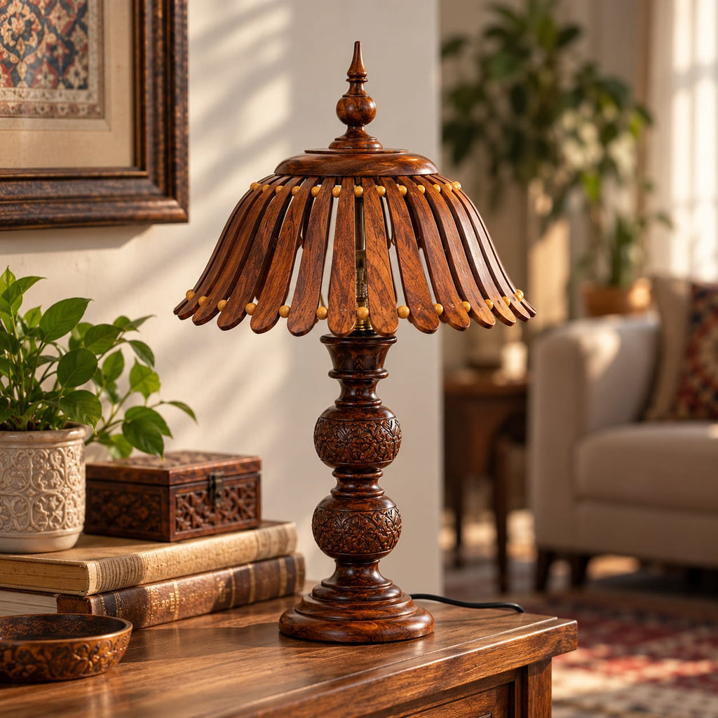 Handcrafted wood lamp showing detailed carved craftsmanship