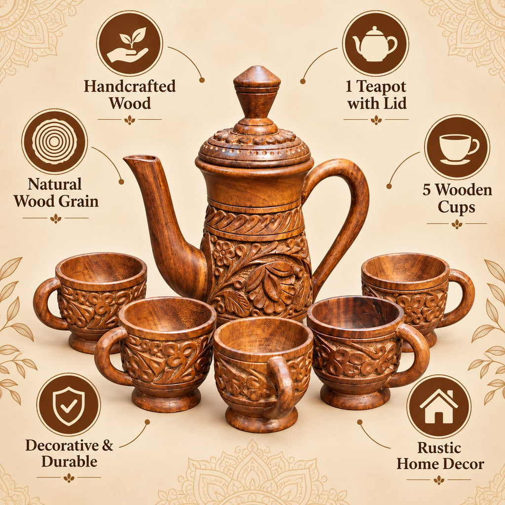Six-piece wooden drinkware set with jug and cups
