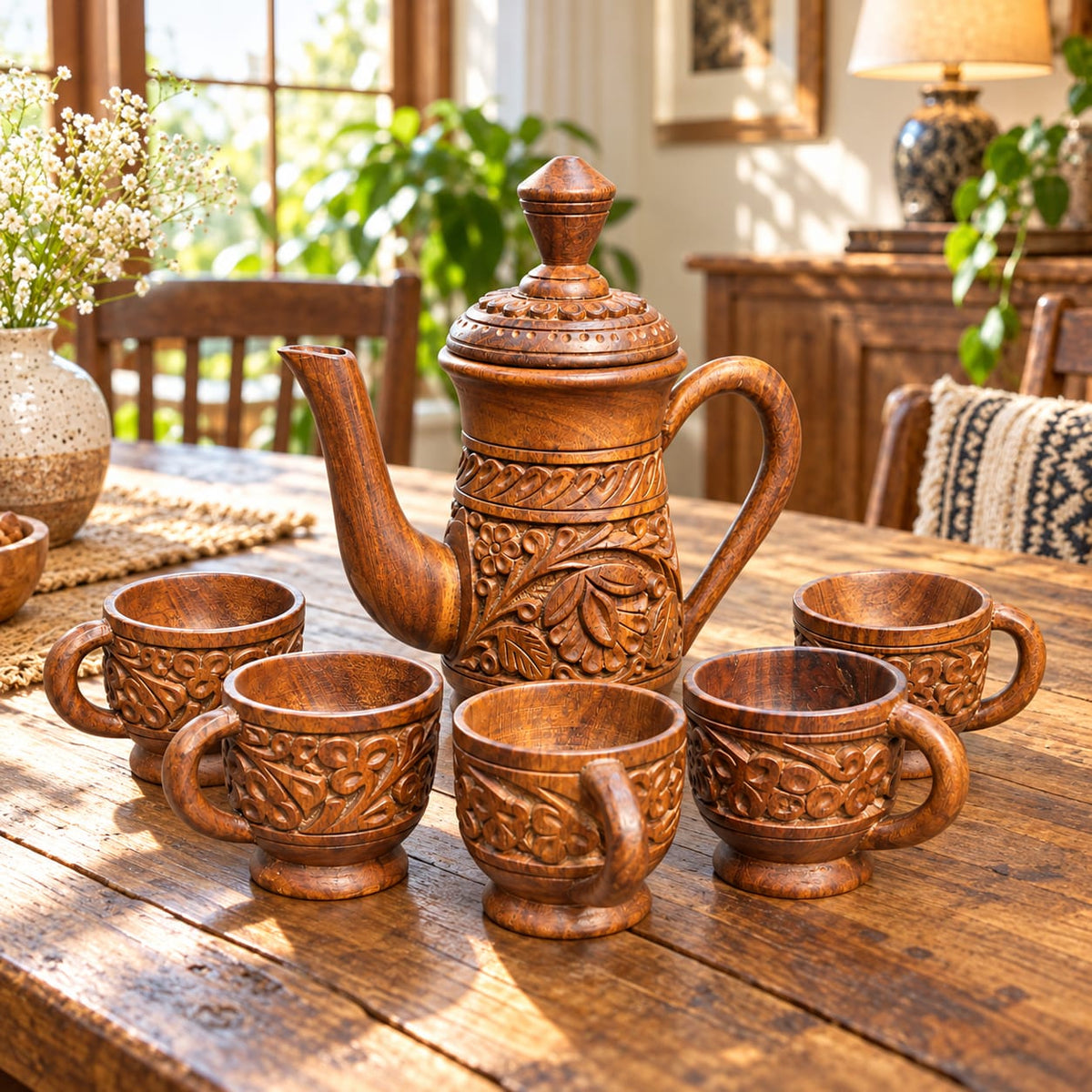 Handcrafted wooden jug set with 5 matching cups