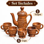 Natural wood pitcher with five matching drinking cups