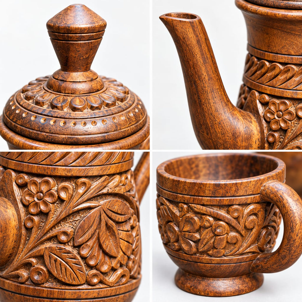 Wooden pitcher and five cup 6-piece drinkware set