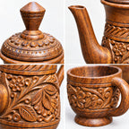 Wooden pitcher and five cup 6-piece drinkware set