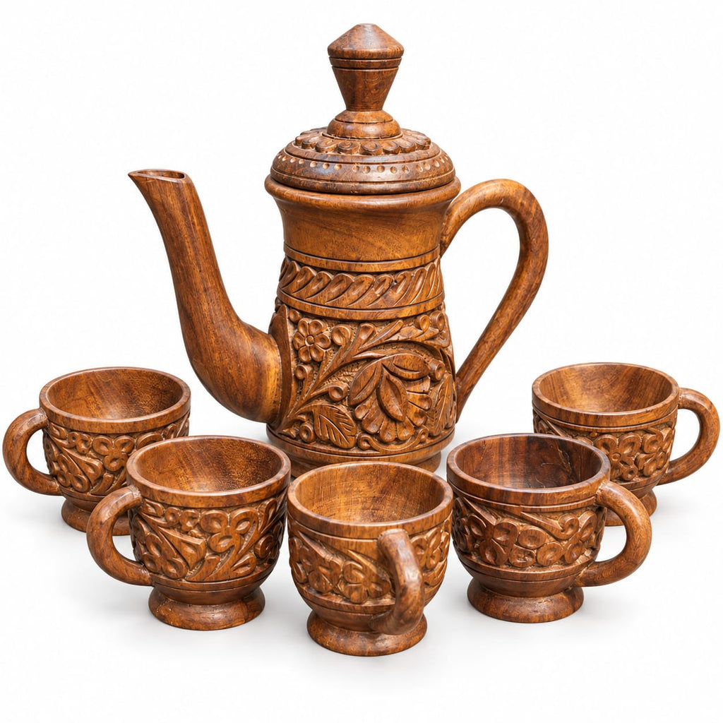 Decorative wooden jug and cup set for entertaining