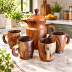 Natural wood pitcher and four cup serving set