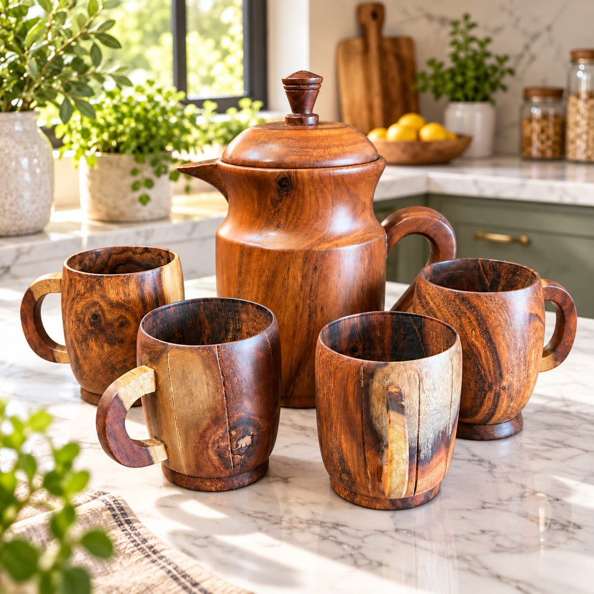 Natural wood pitcher and four cup serving set