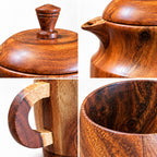 Five-piece handcrafted wooden drinkware set with jug and cups