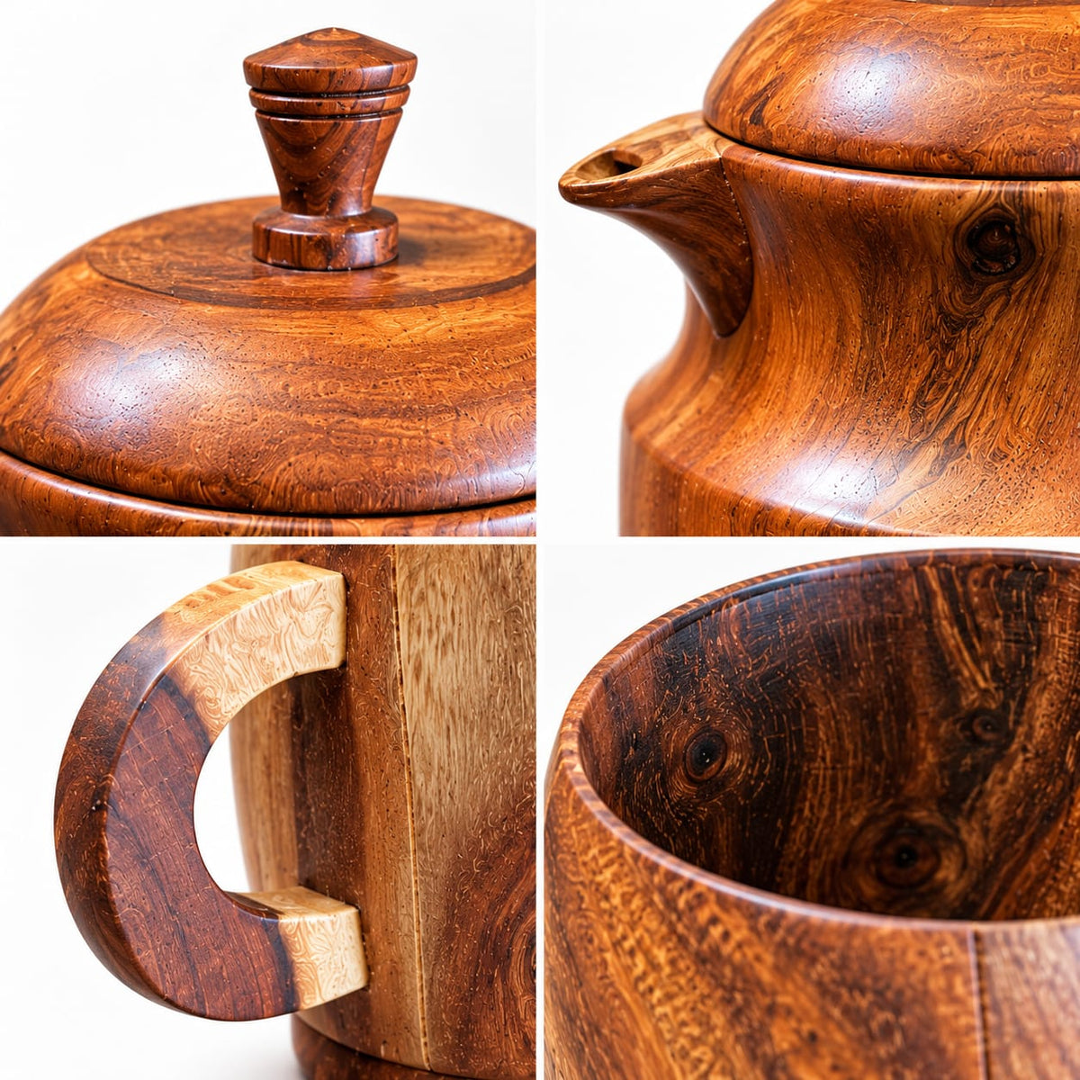 Five-piece handcrafted wooden drinkware set with jug and cups